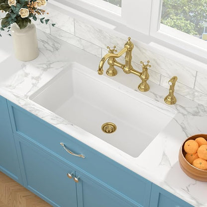 Sarlai 32 Granite Composite Kitchen Sink - 32 x 19 Inch Granite Undermount Kitchen Sink Ledge Workstation Under-Mount White Quartz Classic Single Bowl Sinks Under Counter Basin With Gold Accessories
