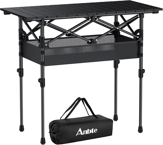 Anbte 3ft Aluminum Roll Top Camping Table Max 27.5", 2 Adjustable Height Folding Camping Table Waterproof with Storage Net and Bag for BBQ Picnic Tailgating Backyard RV Travel, 32.2” x 16”, Pure Black