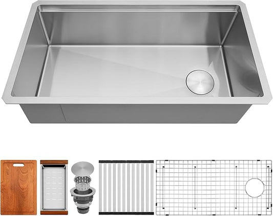 Undermount Kitchen Sink 32 inch,16 Gauge Stainless Steel Workstation Sinks,Large Single Bowl Kitchen Sink Offset Drain (32" X 18")