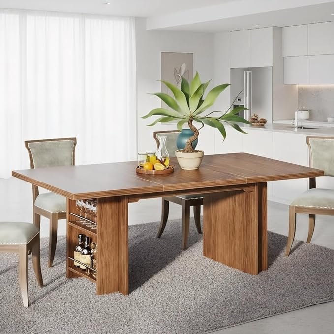 63 Inch Farmhouse Dining Table with Integrated Storage Shelves, Brown Oak Wooden Kitchen Table for 6 to 8 People, Large Home Office Computer Desk with 300lb Weight Capacity