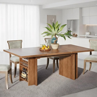63 Inch Farmhouse Dining Table with Integrated Storage Shelves, Brown Oak Wooden Kitchen Table for 6 to 8 People, Large Home Office Computer Desk with 300lb Weight Capacity