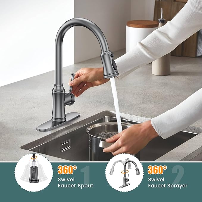 Kitchen Faucet with Pull Down Sprayer, Single Handle High Arc Utility Sink Faucet with Deck Suitable for bar for Kitchen Sink, Laundry Sink, Wet Bar or RV, Brushed Grey