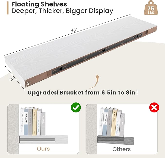 Heimlove 12 Inch Deep Floating Shelves,Large Display Shelf & Storage Shelf,Rustic Wood Wall Shelves,48" W x 12" D x 2" H,Set of 2,White