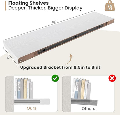 Heimlove 12 Inch Deep Floating Shelves,Large Display Shelf & Storage Shelf,Rustic Wood Wall Shelves,48" W x 12" D x 2" H,Set of 2,White
