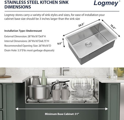 Logmey 28 Inch Undermount Kitchen Sink 28x18 Stainless Steel Sinks SUS304 16 Gauge Single Bowl deep kitchen Sinks Under Counter Handmade Sink 28x18x9