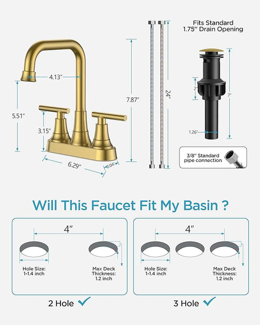 FORIOUS 4 Inch Bathroom Sink Faucet 2 Hole, Brushed Gold Vanity Faucet with Pop-Up Drain, ADA Compliant Centerset Sink Faucet for Bathroom Vanity RV Powder Room