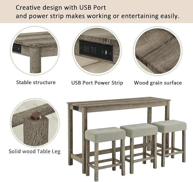 HMFULE 59'' Bar Table and Chairs Set with Power Outlet, Industrial Breakfast Table Set with 3 Padded Stools, Solid Wood Console Table Set for Living Dining Room, Brown