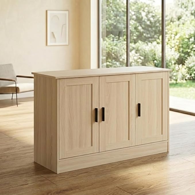 Anystyle 43" Oak Buffet Cabinet with Black Handles, Small Kitchen Sideboard with 3 Doors & Adjustable Shelves, Modern Entryway Credenza & TV Console Table for Living Room, Dining Room