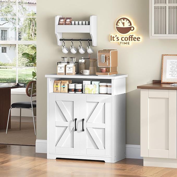 YATINEY Coffee Bar Cabinet, Kitchen Island with Storage, Farmhouse Sideboard Buffet Cabinet with Dual-Purpose Floating Shelf and Hooks, for Kitchen, Restaurant, Living Room, White KF22WT