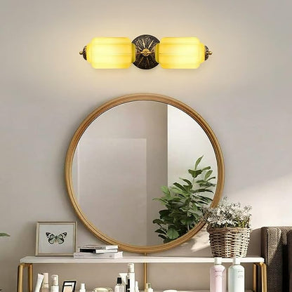 Vintage Bathroom Vanity Light - 2-Light Milk Glass Sconce with Antique Brass Finish & Green Shade, Wall Sconce Lighting for Bathroom Mirror, Hallway, Living Room, Bedroom