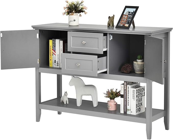 Giantex Buffet Sideboard, Wood Storage Cabinet, Console Table with Storage Shelf, 2 Drawers and Cabinets, Living Room Kitchen Dining Room Furniture, Wood Buffet Server (Grey)