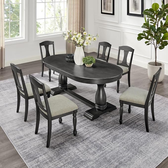 Mid-Century Modern Extendable Dining Table for 4-8, Expandable Space-Saving Kitchen Table with Leaf, Heavy-Duty Wood Finish Furniture for Dining Room, Small Apartment & Family Gatherings (Black)