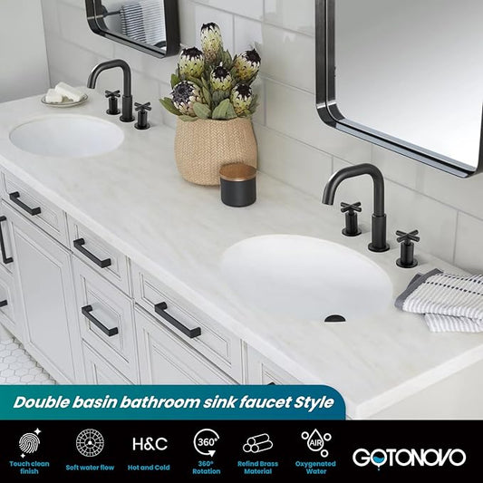 gotonovo 8 inch Widespread 3 Hole Bathroom Sink Faucet,2 Cross Handle Vanity Faucet Deck Mount Basin for Bathroom Sink 360° Swivel Spout with Pop Up Drain Matte Black