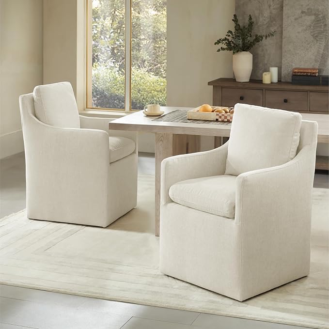 KISLOT Upholstered Dining Chairs with Casters, No Assembly Modern Accent Armchair with Rollers for Dining Room, Bedroom, Living Room, Reading Room, Already Assembled, Beige, 1 Box