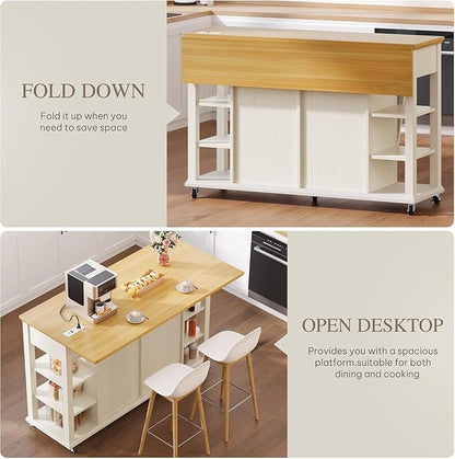 YITAHOME Rolling Kitchen Island with Drop Leaf, 51 Inch Kitchen Cart with Trash Can Cabinet, Americana Center Island with Power Outlet, Mobile Foldable Dining Table with Open Shelves, Off-White