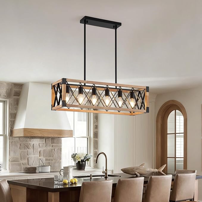 Wood Chandeliers for Dining Room,Black Farmhouse Dining Room Light Fixtures,Rustic Kitchen Light Fixtures for Kitchen Island,Bar, Coffee Shop, Adjustable Hanging Pendant Light 6-Lights