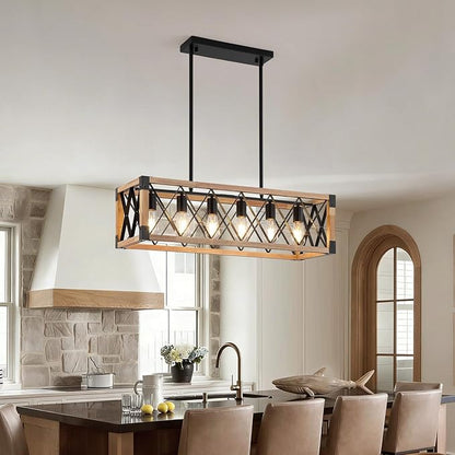 Wood Chandeliers for Dining Room,Black Farmhouse Dining Room Light Fixtures,Rustic Kitchen Light Fixtures for Kitchen Island,Bar, Coffee Shop, Adjustable Hanging Pendant Light 6-Lights