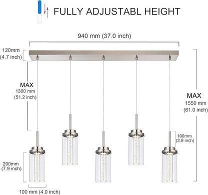 MELUCEE 5-Lights Led Chandelier, Kitchen Island Lighting Brushed Nickel Linear Chandelier with Clear Glass Shade, Large Pendant Lighting for Dining Room Over Table, 3000K-6000K Adjustable, 25W