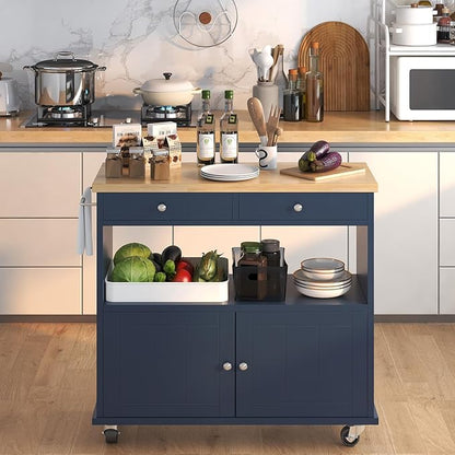 knoworld Rolling Kitchen Island with Storage Cabinet, 35.4'' Width Kitchen Cart, 2 Drawers Island Table, Portable Mobile Kitchen Island with Towel Rack, Wood Top and Lockable Wheels, Blue