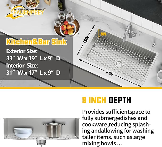 33x19 Inch Stainless Steel Kitchen Sink-Undermount Single Bowl Drop In Kitchen Sink Stylish And Modern Look Come With Bottom Grid,Silicon Mat And Drain Assembly Add Elegance & Enhance Usability
