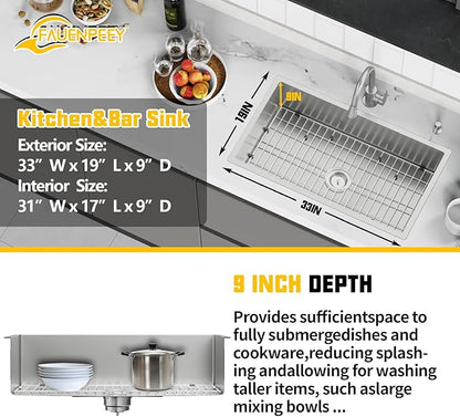 33x19 Inch Stainless Steel Kitchen Sink-Undermount Single Bowl Drop In Kitchen Sink Stylish And Modern Look Come With Bottom Grid,Silicon Mat And Drain Assembly Add Elegance & Enhance Usability