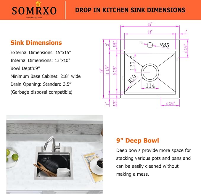 15x15 Inch Drop In Bar Sink - 16 Gauge Stainless Steel Small Kitchen Sink, 10" Deep Single Bowl Workstation Sinks with Accessories for RV, Outdoor Kitchen & Wet Bar