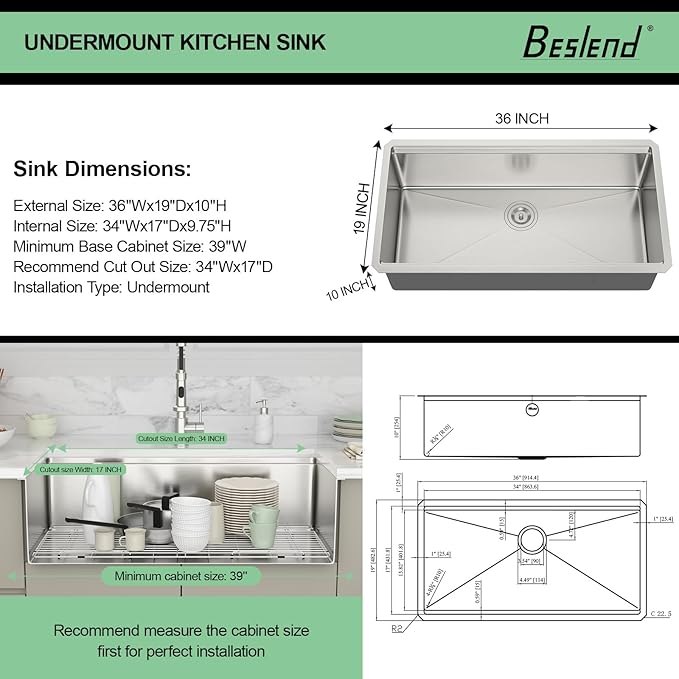 36 In Undermount Kitchen Sink - Beslend 36 Undermount Kitchen Sinks Workstation Stainless Steel 16 Gauge Single Bowl 10 Inch Deep Ledge Basin 36x19x10 Inch