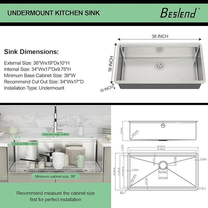 36 In Undermount Kitchen Sink - Beslend 36 Undermount Kitchen Sinks Workstation Stainless Steel 16 Gauge Single Bowl 10 Inch Deep Ledge Basin 36x19x10 Inch