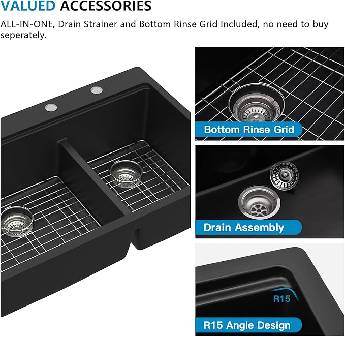 33 Granite Composite Kitchen Sink Double Bowl - Fulorni 33"x22" Matte black Granite Kitchen Sink Ledge Workstation Drop in Topmount Double Bowl 60/40 Quartz Classic Above Counter Basin