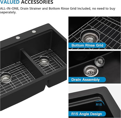 33 Granite Composite Kitchen Sink Double Bowl - Fulorni 33"x22" Matte black Granite Kitchen Sink Ledge Workstation Drop in Topmount Double Bowl 60/40 Quartz Classic Above Counter Basin