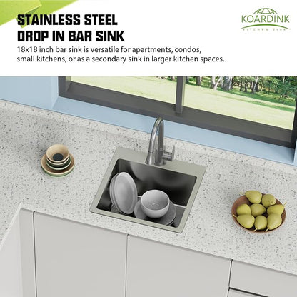 18x18 In Drop In Kitchen And Bar Sink- Stainless Steel Drop In Kitchen Sink Modern Single Bowl Topmount Bar Sink With Silicon Mat,Drain Strainer Set Compatibility With Various Kitchen & Bar Style