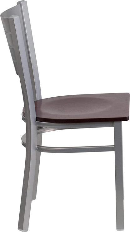 Flash Furniture 2 Pk. HERCULES Series Silver Slat Back Metal Restaurant Chair - Mahogany Wood Seat