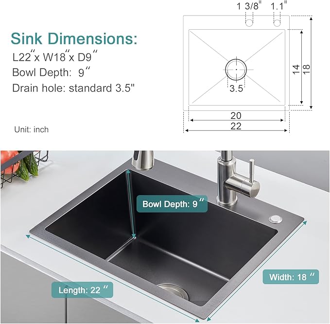 22x18 inch Drop in Kitchen Sink Black - Top mount Bar Sink Single Bowl, 9 inch Deep Stainless Steel Rv Sinks Handmade with Strainer