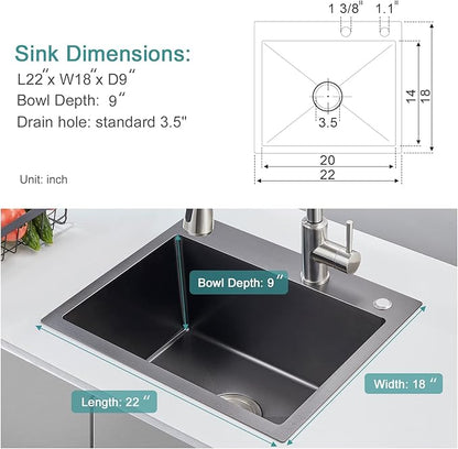 22x18 inch Drop in Kitchen Sink Black - Top mount Bar Sink Single Bowl, 9 inch Deep Stainless Steel Rv Sinks Handmade with Strainer