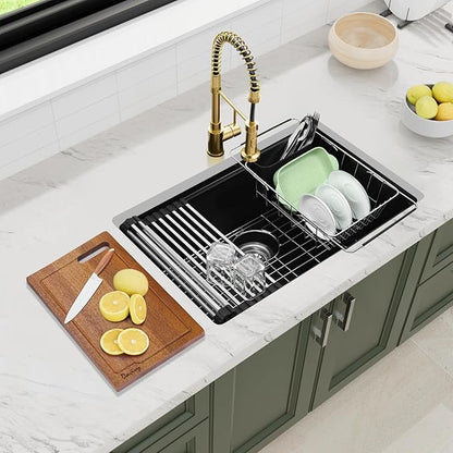 Davivy 27 Inch Black Granite Kitchen Sink Workstation, 27 x 18 Black Undermount/Drop In Kitchen Sink, Deep Quartz Composite Single Bowl with Accessories