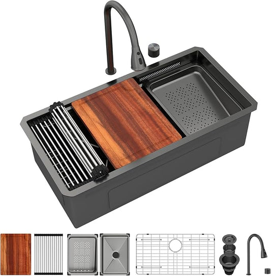 Logmey 33" Undermount Waterfall Sink with Pull-out Faucet & Knob,Nano PVD Gunmetal Black 33x17 Double Step Workstation Sink,16 Gauge All in One Single Sinks Perfect for Family Kitchen & Daily Cooking