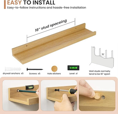 Dreamland Picture Ledge Shelf for Wall, Floating Shelves Set of 2, 24 Inch Long Floating Shelves with Lip for Living Room, Bedroom, Bathroom, Kitchen, Oak