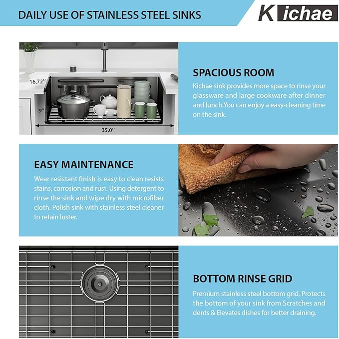 Kichae 33" Undermount Waterfall Kitchen Sink - 33x17 Black Undermount Sink Ledge Workstation 16 Gauge Stainless Steel Deep Single Bowl Under Counter Handmade Basin with Faucet Combo & Wash Basin