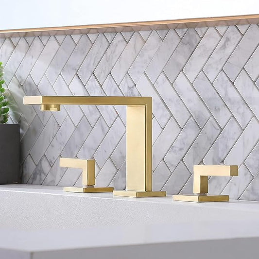 VCCUCINE 8 Inch Gold Bathroom Faucet, Modern Commercial 2 Handle 3 Holes Brushed Gold Widespread Bathroom Brass Lavatory Vanity Sink Faucet with Water Supply Lines