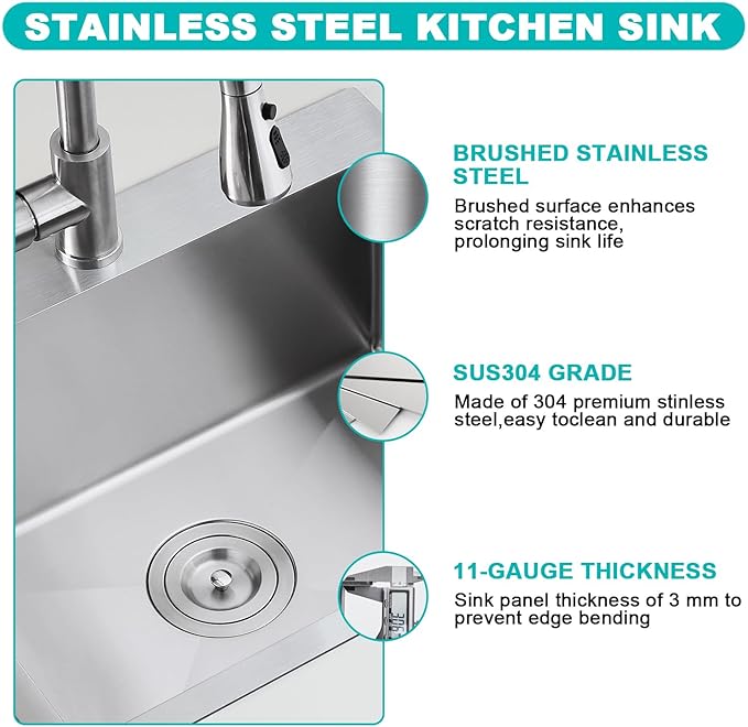 22x18 Inch Drop-In Kitchen Sink, 304 Stainless Steel Single Bowl with Bottom Grid & X-Drain, 9" Deep for Narrow Countertop, Small Kitchen, RV, Bar Sink