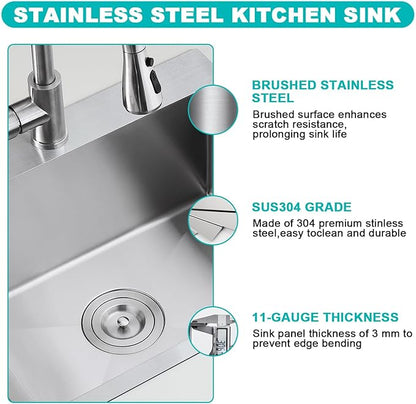 22x18 Inch Drop-In Kitchen Sink, 304 Stainless Steel Single Bowl with Bottom Grid & X-Drain, 9" Deep for Narrow Countertop, Small Kitchen, RV, Bar Sink