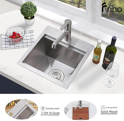Friho Drop In Bar Sink, 15 x 15 Inch Wet Bar Sink 16 Gauge Stainless Steel 9 Inch Deep Single Bowl Outdoor Rv Sink with Dish Grid and Cutting Board