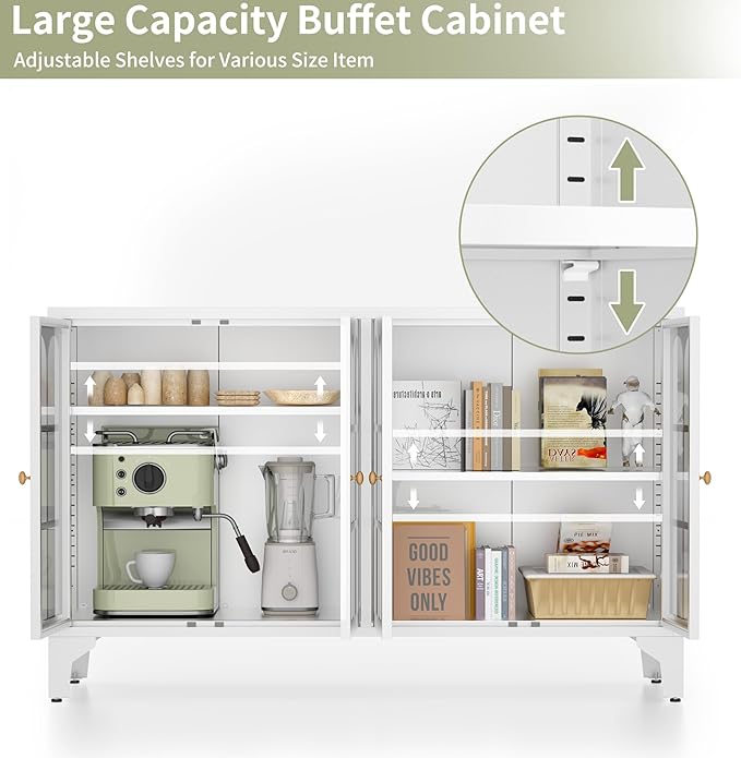 Foreate Sideboard Buffet Cabinet with Glass Door & LED Light, 53.2" Large Buffet Cabinet with Storage & Adjustable Shelf, Farmhouse Sideboard Credenzas Metal Kitchen Buffet, White