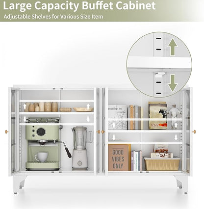 Foreate Sideboard Buffet Cabinet with Glass Door & LED Light, 53.2" Large Buffet Cabinet with Storage & Adjustable Shelf, Farmhouse Sideboard Credenzas Metal Kitchen Buffet, White