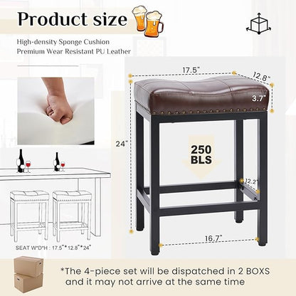 Sweetcrispy Bar Stools Set of 2, 24 Inch Counter Height Stools, PU Leather Upholstered Bar Chairs with Footrest, Modern Bar Stools for Kitchen Island, Dining, Living Room, Brown