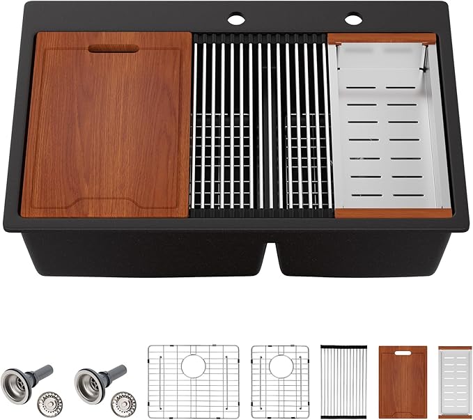 Sarlai 33 Granite Composite Kitchen Sink Double Bowl - 33"x22" Black Granite Kitchen Sink Drop In Ledge Workstation Double Bowl 60/40 Low Divided Quartz Composite Above Counter