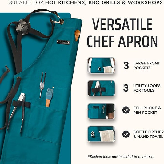 Asaya Chef and BBQ Apron with Bottle Opener and Hand Towel - 10oz Cotton Canvas, Stainless Steel Hardware - Cross Back Straps