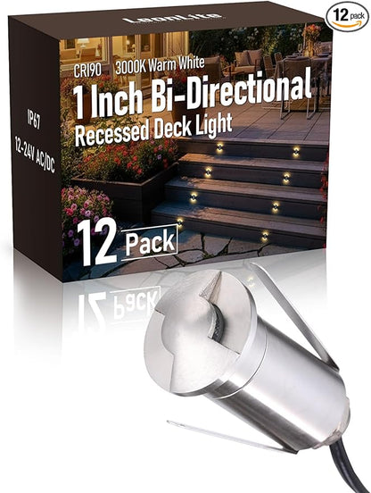 LEONLITE 12-Pack Low Voltage Recessed LED Deck Light, IP67 Waterproof, 12-24V AC/DC, Dual Beam 102° Butterfly Glow, 1W 3000K 1.3 Inch Mini Flush Mount, Stainless Steel for Pathway Step Deck Driveway