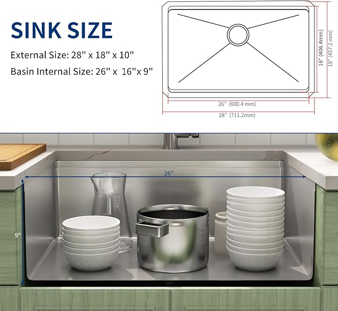 LQS 28 Inch Undermount Kitchen Sink, 28" x 18" x 10" Deep Single Bowl Kitchen Sink, 16 Gauage Stainless Steel Material, Workstation Ledge With R10 Round Corner And Abundant Accessories