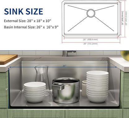 LQS 28 Inch Undermount Kitchen Sink, 28" x 18" x 10" Deep Single Bowl Kitchen Sink, 16 Gauage Stainless Steel Material, Workstation Ledge With R10 Round Corner And Abundant Accessories